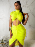 Anokhinaliza Neon Green Yellow Sexy Two Piece Set Women Turtleneck Short Sleeve Crop Top+ Pleated Bodycon Dress Tracksuit 2 Piece Club Outfit