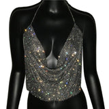 Anokhinaliza Festival Brilliant Rhinestone Backless Party Crop Top Women Summer Glitter Evening V Neck Diamonds Metal Tank Tops