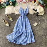 Anokhinaliza High Waist Plaid A Line Vestido Holiday Beach Elegant Ruffles Sleeveless Spaghetti Strap Dress V Neck Summer Ropa