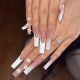 Anokhinaliza 24pcs False Nails with glue flower design Long Coffin French Ballerina Fake Nails Full Cover acrylic Nail Tips Press On Nails halloween