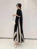 Anokhinaliza Summer New Korea Woman Dress Vestidos Robe Elbise Loose Plus Size Patchwork Silk Velvet Stripe Short Sleeve Long Dress