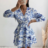 Anokhinaliza Women's Sexy V Neck Long Sleeve Mini Dress Boho Floral Print High Waist Elegant Women Clothing Ruffle Office Party Dresses Robe