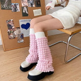 Anokhinaliza Pink Girl Leg Warmers Y2k Cream Puff Straps Pile Socks Vintage Cloud Wide Harajuku Knitted Leg Cover Japanese Accessories