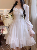 Anokhinaliza White Kawaii Dress Women Chiffon Lolita Style Long Sleeve Mini Dresses Bow Fairy Robe Ruffles Patchwork Square Collar