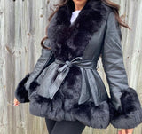 Anokhinaliza Winter Warm PU Leather Jackets with Belt Women Elegant Slim Faux Fur Coats Women Long Sleeve Pockets Overcoat Female