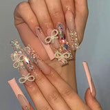 Anokhinaliza 24Pcs French Long Ballet Nails Set Press on Long False Nails with Pink Rhinestone Wearable Coffin Fake Nails Full Cover Nail Tip