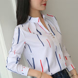 Anokhinaliza Women White Tops and Blouses Fashion Stripe Print Casual Long Sleeve Office Lady Work Shirts Female Slim Blusas