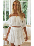 Anokhinaliza Summer Two Piece Sets Women Bohemian Casual Beach Skirts 2Pcs Sets Lace Off Shoulder Crop Tops and Short Pleated Skirt