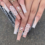 Anokhinaliza 24Pcs Long Ballet False Nails Green Gradient Curve Flower Design Press on Nails with Golden Butterfly Rhinestone Fake Nails