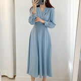 Anokhinaliza Harajuku V-neck Puff Sleeve A-line Maxi Dresses for Woman Women Solid Color Midi Robe Korean Office Dresses Elegant Spring