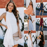 Anokhinaliza Summer Solid Color Chiffon Pleated Beach Dressess Casual Lace Collar Loose Mini Dress Big Swing Sleeveless Office Vestidos