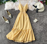 Anokhinaliza High Waist Plaid A Line Vestido Holiday Beach Elegant Ruffles Sleeveless Spaghetti Strap Dress V Neck Summer Ropa