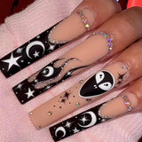 Anokhinaliza 24Pcs Long Coffin False Nail Flame Flower Design Fake Nails with Rhinestone Wearable French Ballet Full Cover Press on Nails