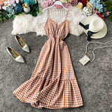 Anokhinaliza High Waist Plaid A Line Vestido Holiday Beach Elegant Ruffles Sleeveless Spaghetti Strap Dress V Neck Summer Ropa