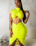 Anokhinaliza Neon Green Yellow Sexy Two Piece Set Women Turtleneck Short Sleeve Crop Top+ Pleated Bodycon Dress Tracksuit 2 Piece Club Outfit