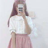 Anokhinaliza White Shirt Kawaii Peter Pan Collar Preppy Style Blouses Woman Sweet Ruffle Short Sleeve Tops Summer Fashion