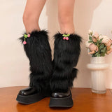 Anokhinaliza Kawaii Fur Faux Leg Warmers Cherry Lolita Japanese Women Leggings Boots Covers Y2k Girls Harajuku Fur Foot Warming New Year Gift