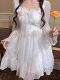 Anokhinaliza White Kawaii Dress Women Chiffon Lolita Style Long Sleeve Mini Dresses Bow Fairy Robe Ruffles Patchwork Square Collar