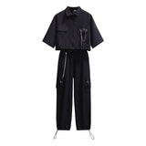 Anokhinaliza alt black girl  going out classic style women edgy style tutu Cargo Suit female new summer student Korean loose chic short tactical shirts + high waist handsome overalls pants techwear