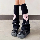 Anokhinaliza Punk Leg Warmers Pink Love Cross Knitted Socks Double Sided AB Leg Socks Harajuku Y2K Gothic Hot Girl Women Wide JK Accessories