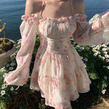 Anokhinaliza Summer Floral Dress Women Slash Neck Female Long Sleeve Fairy Dress Off Shoulder Pink A-line Elegant  Beach Short Dresses