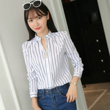 Anokhinaliza Women White Tops and Blouses Fashion Stripe Print Casual Long Sleeve Office Lady Work Shirts Female Slim Blusas