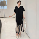 Anokhinaliza Summer New Korea Woman Dress Vestidos Robe Elbise Loose Plus Size Patchwork Silk Velvet Stripe Short Sleeve Long Dress