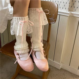 Anokhinaliza Japanese JK Lolita Girls Bow Streamer Leg Socks Knitted Lace Leg Cover Pile Socks Japanese Y2K Leg Warmers Accessories