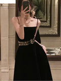 Anokhinaliza Summer Women Elegant Spaghetti Strap Midi Black Velvet Dress Sexy Prom Evening Party Birthday Club Fashion Clothing