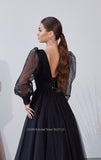 Anokhinaliza prom dresses tutu quince dresses  dama dresses  New Arrival V-neck Long Sleeve Formal Black Tulle Evening Dresses Sexy Front Split Backless Party Prom Evening Gowns