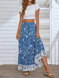 Anokhinaliza Summer Long Patchwork Print A-Line Skirt Floral Skirt Women Casual Beach Faldas Female Boho Elastic Waist Holiday Maxi Skirts