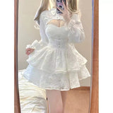 Anokhinaliza Hot Girl Lace White Kawaii Lolita Dress Woman Cascading Ruffl Long Sleeve Fairy Dress Straps Birthday Party Quinceanera Dresses