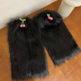 Anokhinaliza Kawaii Fur Faux Leg Warmers Cherry Lolita Japanese Women Leggings Boots Covers Y2k Girls Harajuku Fur Foot Warming New Year Gift