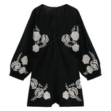 Anokhinaliza piece pants early autumn new women retro V-neck black flowers embroidered linen piece shorts