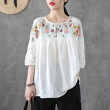 Anokhinaliza White Tunic Linen Shirt Women Vintage Clothes Cotton High quality Embroidery Blouse Plus size Ladies Tops Casual
