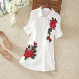 Anokhinaliza  White Long Shirt Women Office Blouse Plus size Cotton Linen Vintage Embroidery Short sleeve Ladies Summer Tops Casual 4XL 5XL