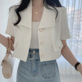 Anokhinaliza Blazer Women Single-breasted Lapel Short-sleeve Vintage Simple Elegant Office Lady Korean Style High-quality Trendy Slim Outwear