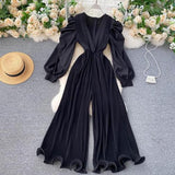 Anokhinaliza alt black girl going out classic style women edgy style church outfit brunch outfit cute spring outfits Sexy Pleated Romper Autumn Solid Purple/Black/White Jumpersuit Female Ruffle Wide Leg Draped Playsuits Female New