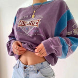 Anokhinaliza Women Embroidery Letter Print Sweatershirts Round Neck Oversize Sweatershirt Casual Tops Autumn Spring Purple Hoodies