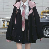 Anokhinaliza Winter Japanese women's casual punk streetwear jacket loose pockets long-sleeved hooded big size fashion Vintage Harajuku jacket