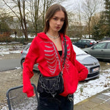 Anokhinaliza Y2K Rhinestone Hoodies Women Skeleton Gothic Black Zip Up Oversized Sweatshirt Punk Skull Harajuku Hooded Jacket Streetwear